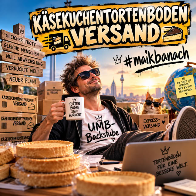 Ein Mann sitzt entspannt mit Sonnenbrille und Tasse in der Hand vor einem Laptop, umgeben von K&auml;sekuchentortenb&ouml;den und Kartons. Im Hintergrund ist eine Stadtlandschaft zu sehen.