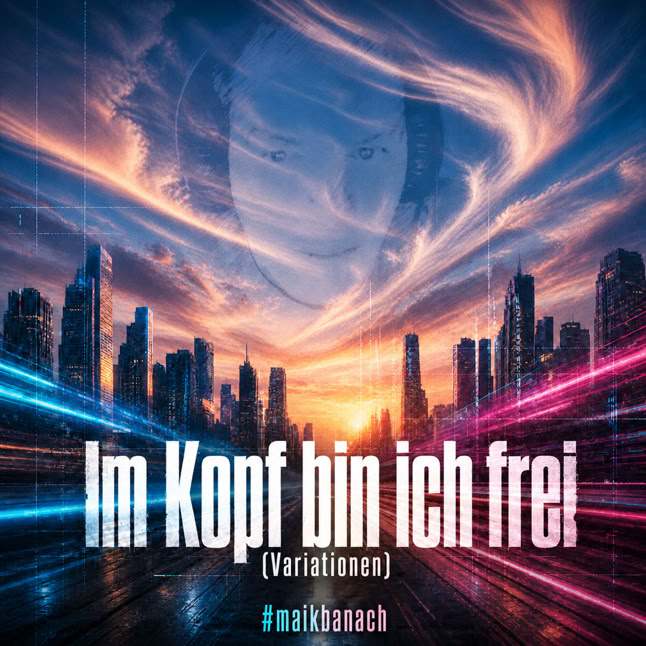 St&auml;dtische Skyline bei Sonnenuntergang mit dynamischen Lichtstreifen am Himmel und dem Text "Im Kopf bin ich frei (Variationen) #maikbanach" im Vordergrund.