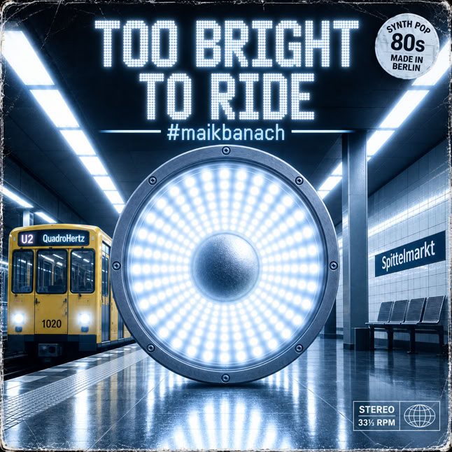 Ein U-Bahn-Wagen in einer Station mit einem gro&szlig;en, leuchtenden Rad im Vordergrund und Texten wie "Too Bright to Ride" und "#maikbanach".