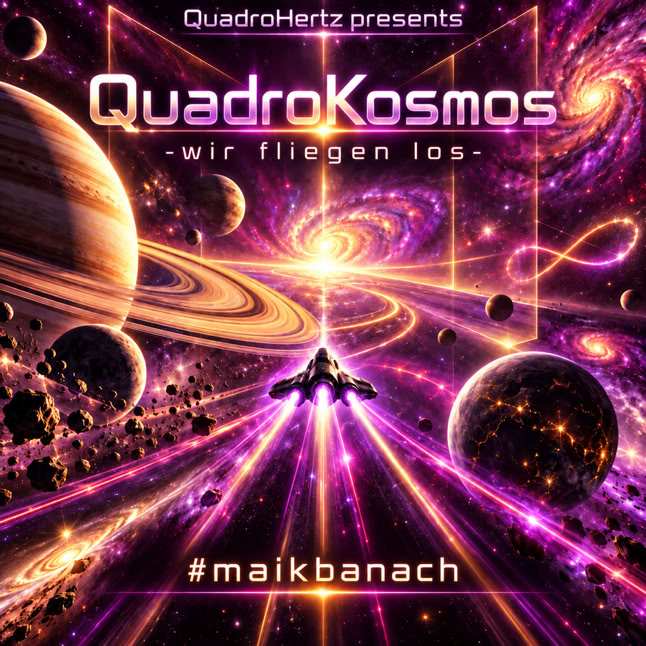 Ein Raumschiff fliegt durch einen bunten Weltraum mit Planeten und leuchtenden Lichtern, umgeben von einem violetten und goldenen Farbschema. Text: "QuadroKosmos - wir fliegen los - #maikbanach".